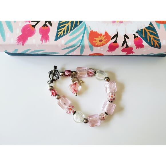 Pink Breast Cancer Awareness Glass Beaded Bracelet - Picture 1 of 6